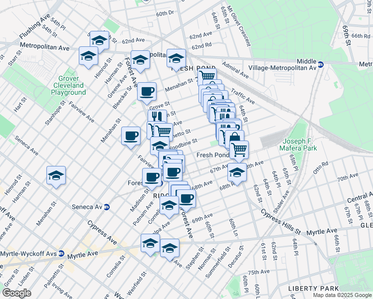 map of restaurants, bars, coffee shops, grocery stores, and more near 6004 Woodbine Street in Queens