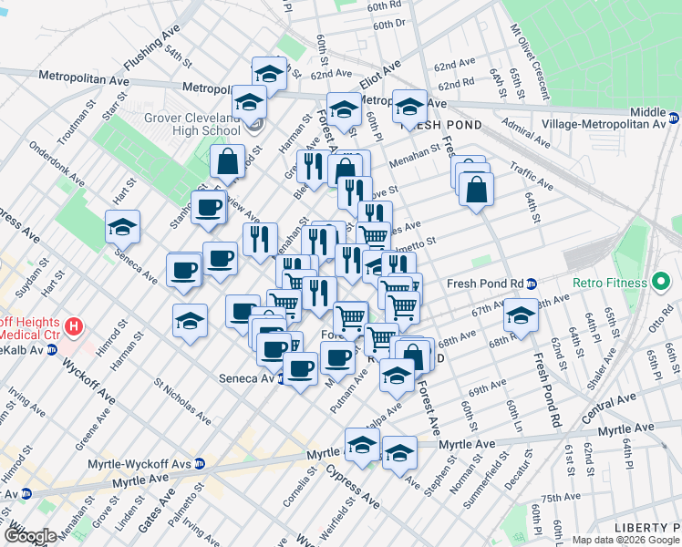 map of restaurants, bars, coffee shops, grocery stores, and more near 20-41 Gates Avenue in Queens