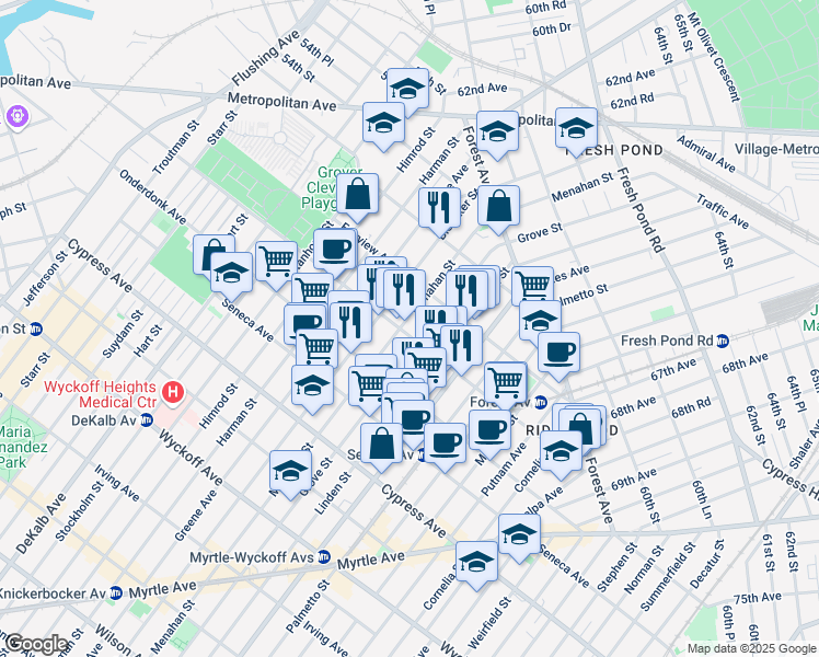 map of restaurants, bars, coffee shops, grocery stores, and more near 2 Saint Johns Road in Queens