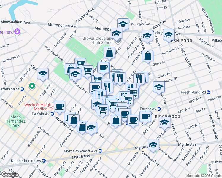 map of restaurants, bars, coffee shops, grocery stores, and more near 5-16 Woodward Avenue in Queens
