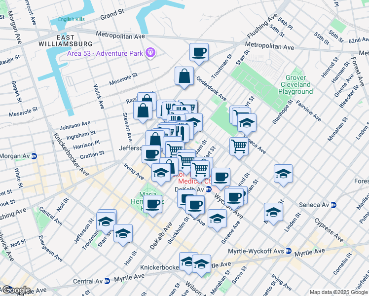 map of restaurants, bars, coffee shops, grocery stores, and more near 1390 Willoughby Avenue in Brooklyn