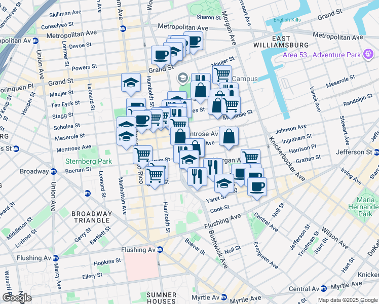 map of restaurants, bars, coffee shops, grocery stores, and more near 262 Johnson Avenue in Brooklyn