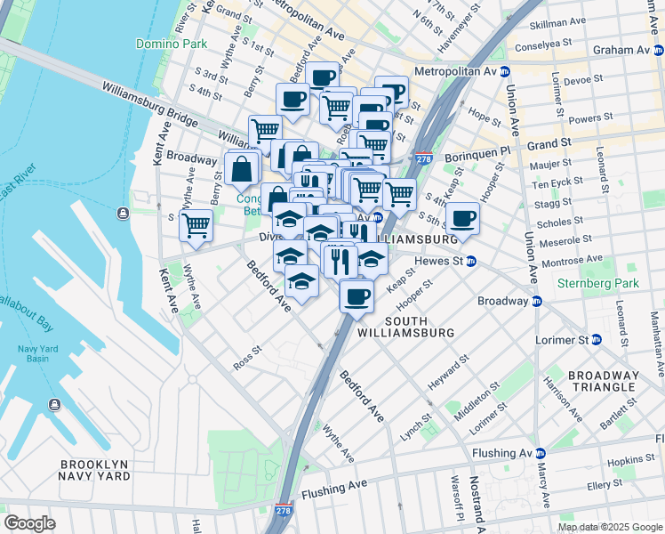 map of restaurants, bars, coffee shops, grocery stores, and more near 185 Wilson Street in Brooklyn