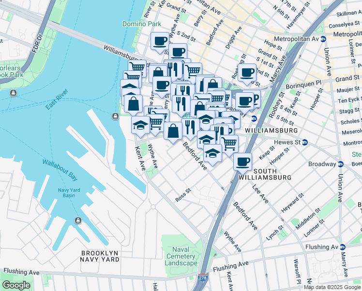 map of restaurants, bars, coffee shops, grocery stores, and more near 93 Morton Street in Brooklyn