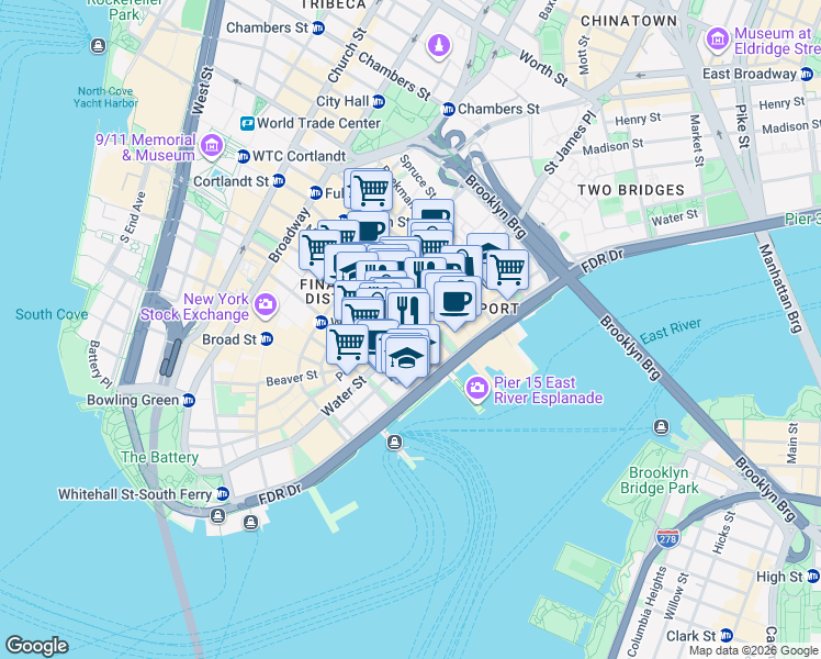 map of restaurants, bars, coffee shops, grocery stores, and more near 138 John Street in New York