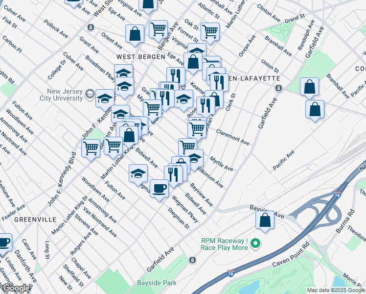 map of restaurants, bars, coffee shops, grocery stores, and more near 91 Myrtle Avenue in Jersey City