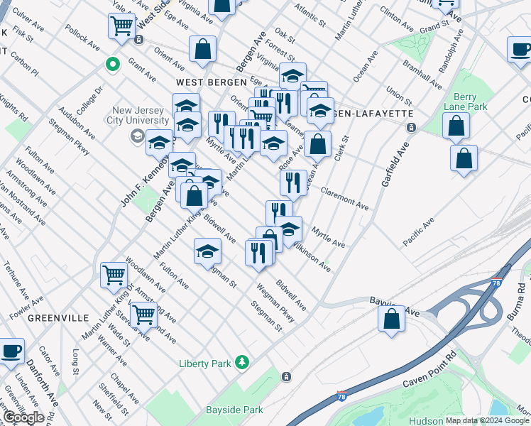 map of restaurants, bars, coffee shops, grocery stores, and more near 53 Bostwick Avenue in Jersey City