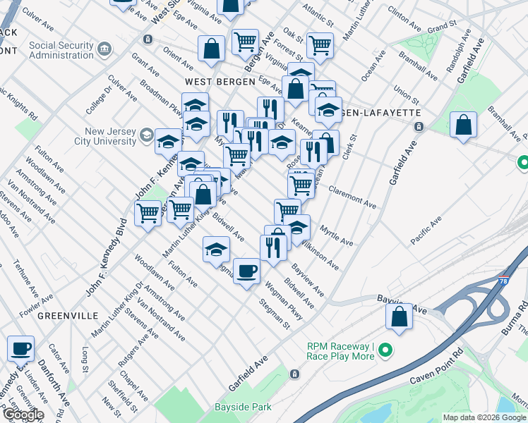 map of restaurants, bars, coffee shops, grocery stores, and more near 53 Bostwick Avenue in Jersey City