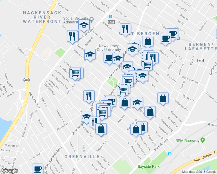 map of restaurants, bars, coffee shops, grocery stores, and more near 1974 John F. Kennedy Boulevard in Jersey City