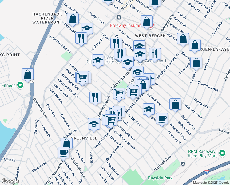 map of restaurants, bars, coffee shops, grocery stores, and more near 1974 John F. Kennedy Boulevard in Jersey City