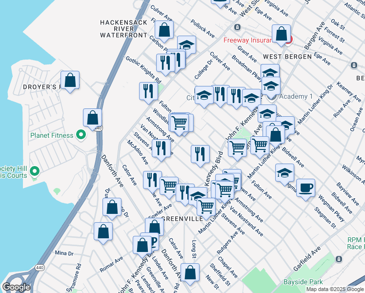 map of restaurants, bars, coffee shops, grocery stores, and more near 155 Sterling Avenue in Jersey City