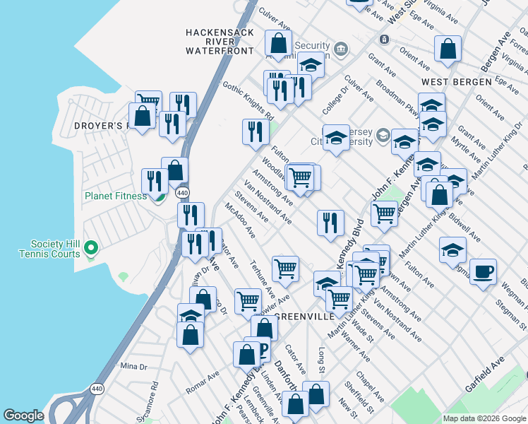 map of restaurants, bars, coffee shops, grocery stores, and more near 304A Stevens Avenue in Jersey City