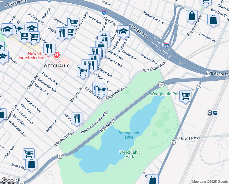 map of restaurants, bars, coffee shops, grocery stores, and more near 15-17 Stengel Avenue in Newark
