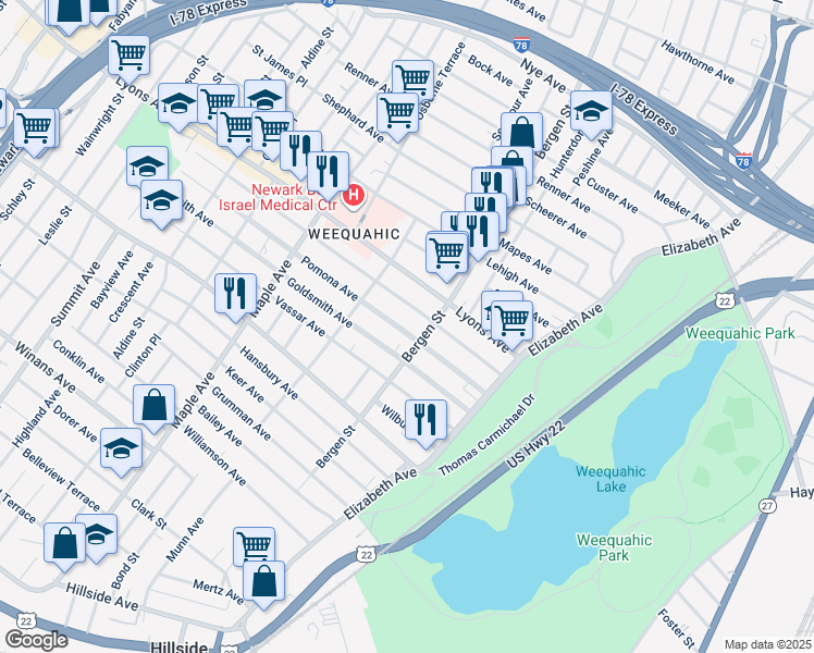 map of restaurants, bars, coffee shops, grocery stores, and more near 97 Pomona Avenue in Newark