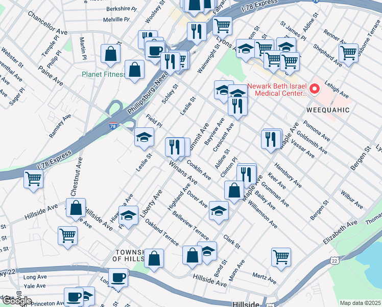 map of restaurants, bars, coffee shops, grocery stores, and more near 1584 Summit Avenue in Hillside