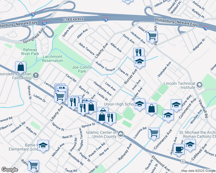 map of restaurants, bars, coffee shops, grocery stores, and more near 2550 Linn Avenue in Union