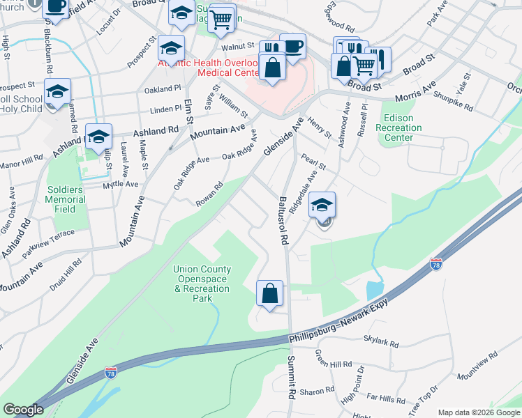 map of restaurants, bars, coffee shops, grocery stores, and more near 9 Valemont Way in Summit