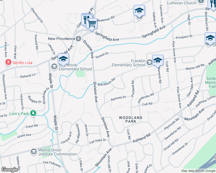 map of restaurants, bars, coffee shops, grocery stores, and more near 225 Blackburn Road in Summit