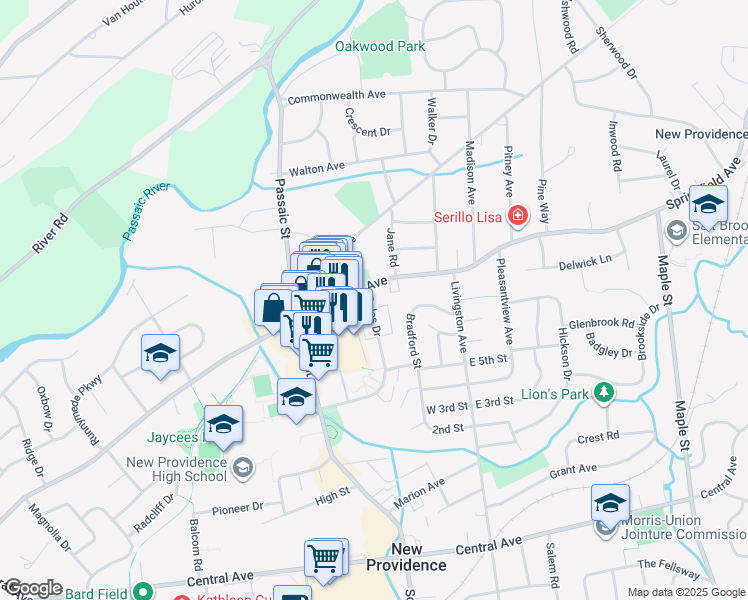 map of restaurants, bars, coffee shops, grocery stores, and more near in New Providence