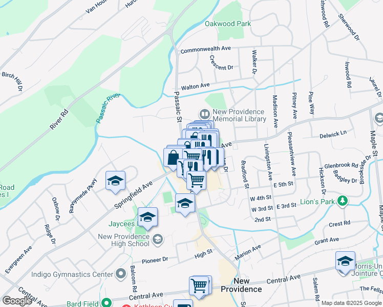map of restaurants, bars, coffee shops, grocery stores, and more near 25 Passaic Street in New Providence