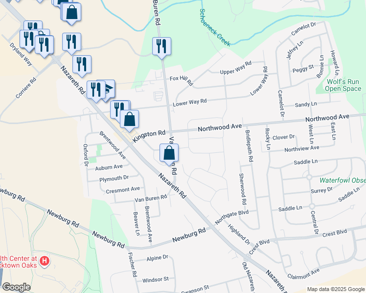 map of restaurants, bars, coffee shops, grocery stores, and more near 1030 Mabel Place in Easton