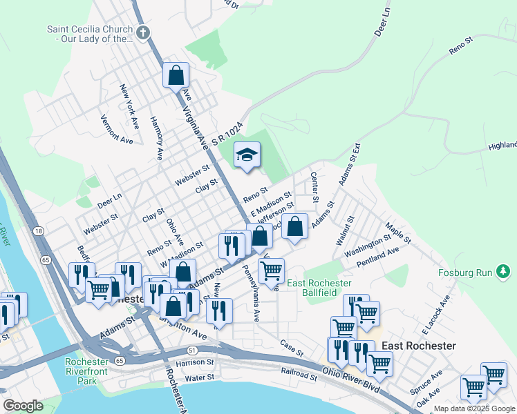 map of restaurants, bars, coffee shops, grocery stores, and more near 525 Reno Street in Rochester