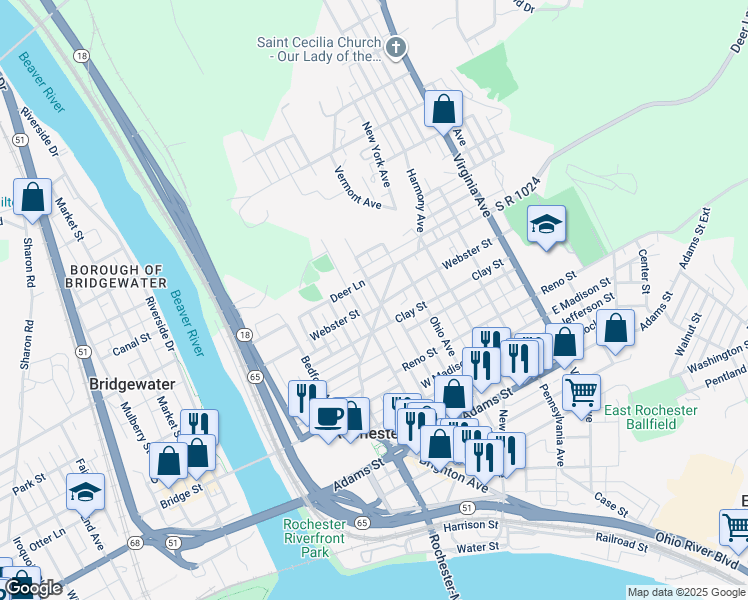 map of restaurants, bars, coffee shops, grocery stores, and more near 470 Harmony Avenue in Rochester