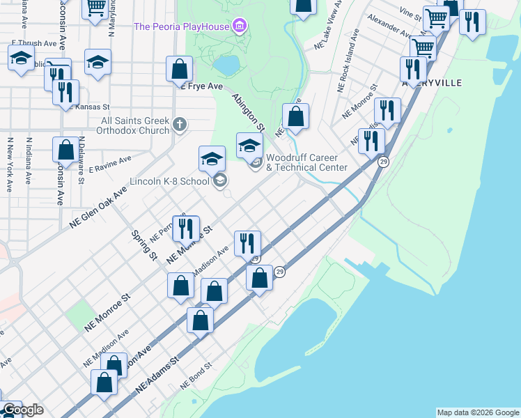 map of restaurants, bars, coffee shops, grocery stores, and more near 1712 Northeast Monroe Street in Peoria