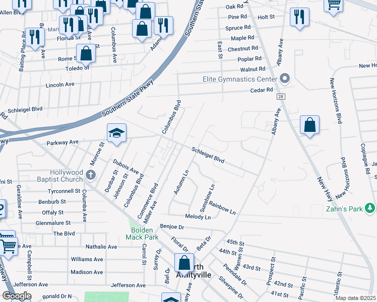 map of restaurants, bars, coffee shops, grocery stores, and more near 89 Schleigel Boulevard in Amityville