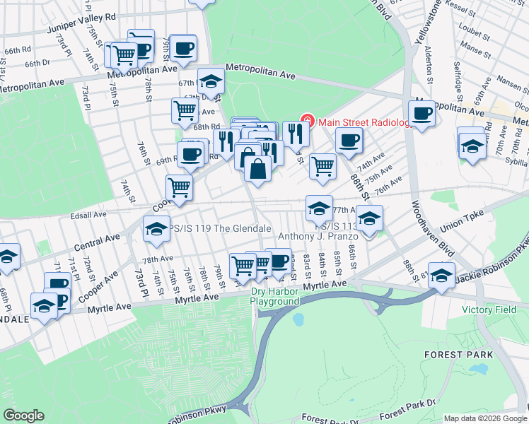 map of restaurants, bars, coffee shops, grocery stores, and more near 81-01 77th Avenue in Queens