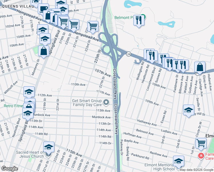 map of restaurants, bars, coffee shops, grocery stores, and more near 227-23 109th Avenue in Queens