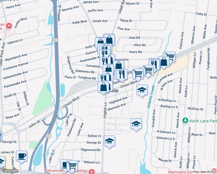 map of restaurants, bars, coffee shops, grocery stores, and more near in West Islip