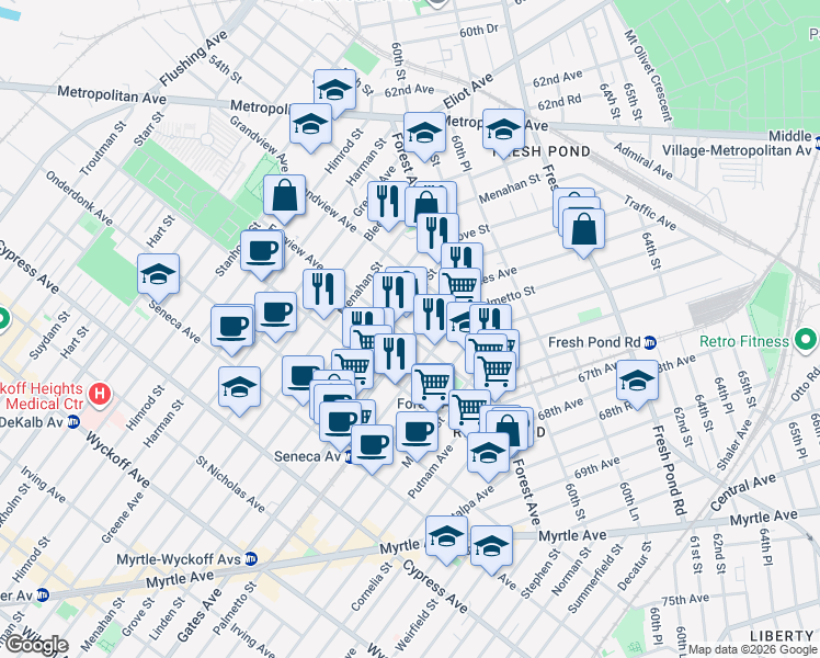map of restaurants, bars, coffee shops, grocery stores, and more near 2029 Gates Avenue in Queens