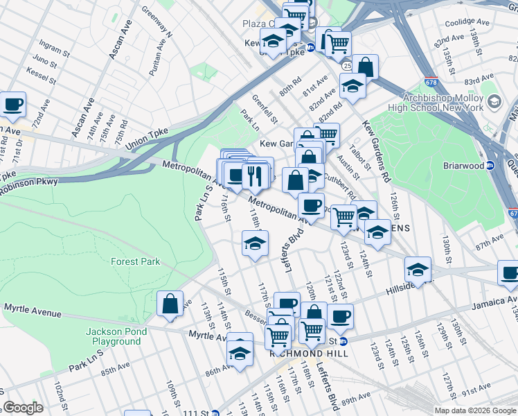 map of restaurants, bars, coffee shops, grocery stores, and more near 11819 Metropolitan Avenue in Queens