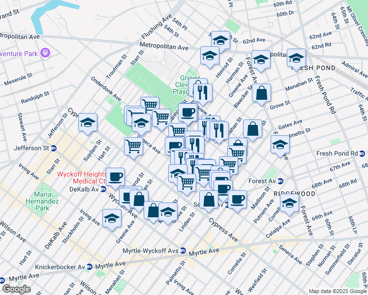 map of restaurants, bars, coffee shops, grocery stores, and more near 18-67 Greene Avenue in Queens