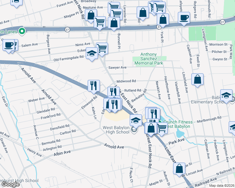 map of restaurants, bars, coffee shops, grocery stores, and more near 600 Little East Neck Road in West Babylon