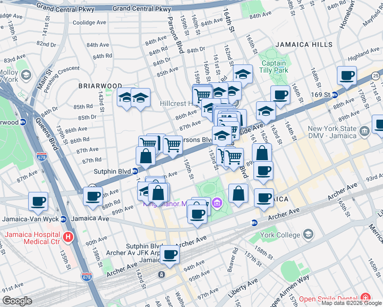 map of restaurants, bars, coffee shops, grocery stores, and more near 150-16 Hillside Avenue in Queens