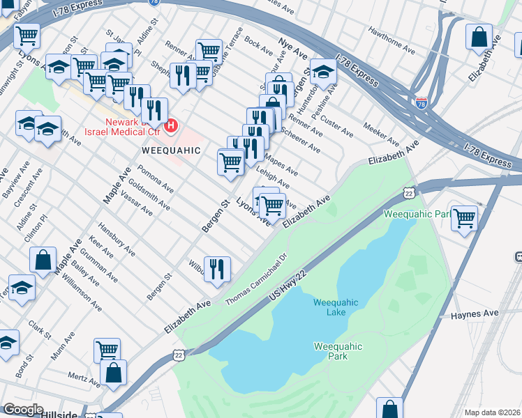 map of restaurants, bars, coffee shops, grocery stores, and more near 19 Porter Place in Newark