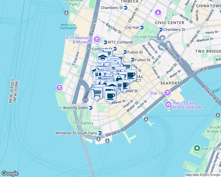 map of restaurants, bars, coffee shops, grocery stores, and more near 20 Broad Street in New York