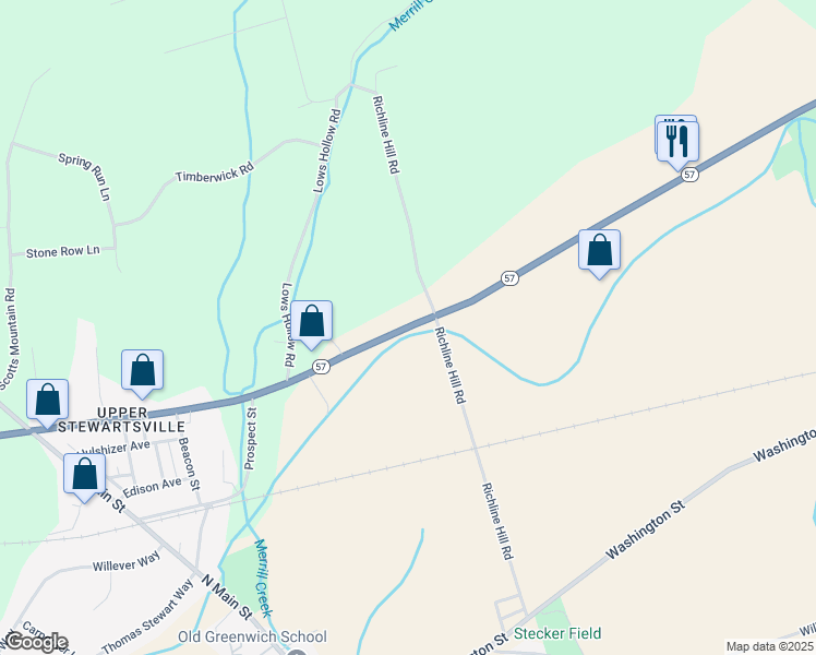 map of restaurants, bars, coffee shops, grocery stores, and more near 2528 New Jersey 57 in Stewartsville