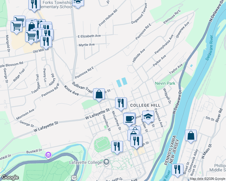 map of restaurants, bars, coffee shops, grocery stores, and more near 883 Cattell Street in Easton