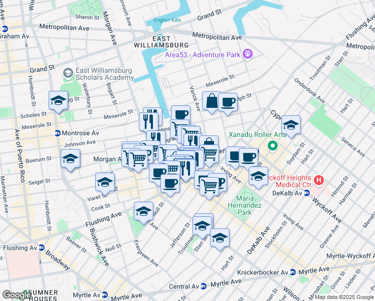map of restaurants, bars, coffee shops, grocery stores, and more near 70 Porter Avenue in Brooklyn
