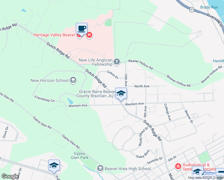 map of restaurants, bars, coffee shops, grocery stores, and more near 580 Dutch Ridge Road in Beaver