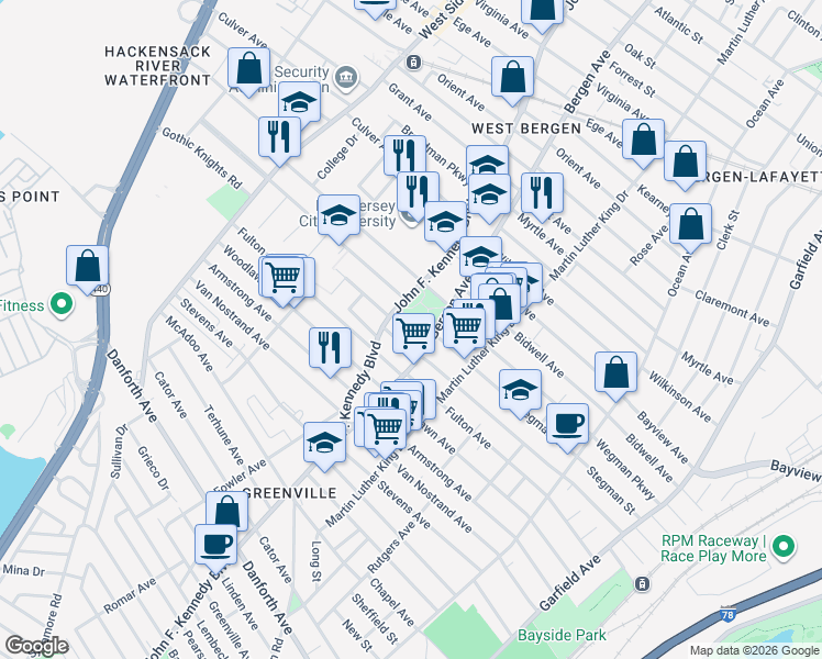 map of restaurants, bars, coffee shops, grocery stores, and more near 1974 John F. Kennedy Boulevard in Jersey City