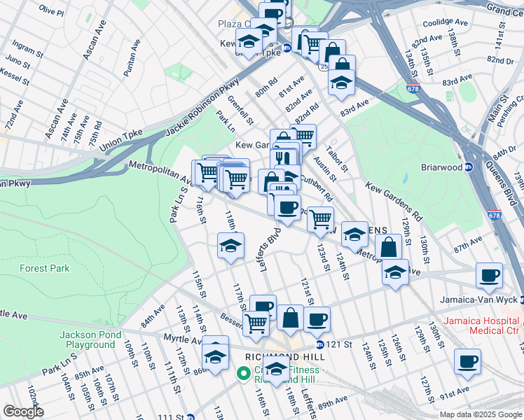 map of restaurants, bars, coffee shops, grocery stores, and more near 118-65 Metropolitan Avenue in Queens