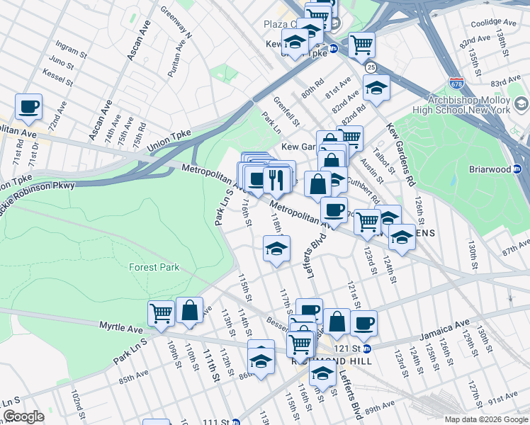 map of restaurants, bars, coffee shops, grocery stores, and more near 83-10 118th Street in Queens