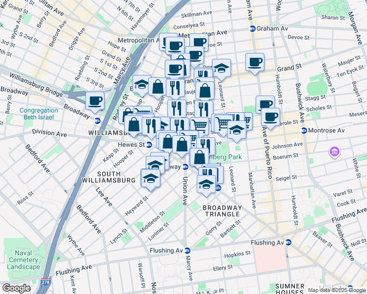 map of restaurants, bars, coffee shops, grocery stores, and more near Union Ave & Montrose Ave in Brooklyn