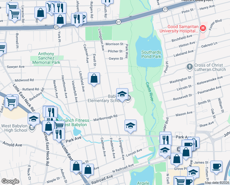 map of restaurants, bars, coffee shops, grocery stores, and more near 227 Livingston Avenue in Babylon
