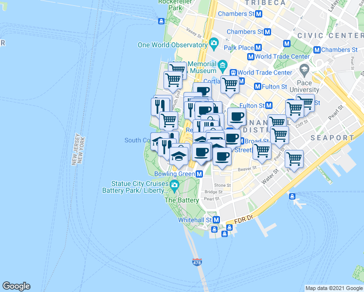 map of restaurants, bars, coffee shops, grocery stores, and more near West Street & Morris Street in New York