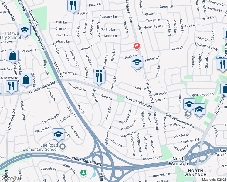 map of restaurants, bars, coffee shops, grocery stores, and more near 114 Haven Lane in Levittown